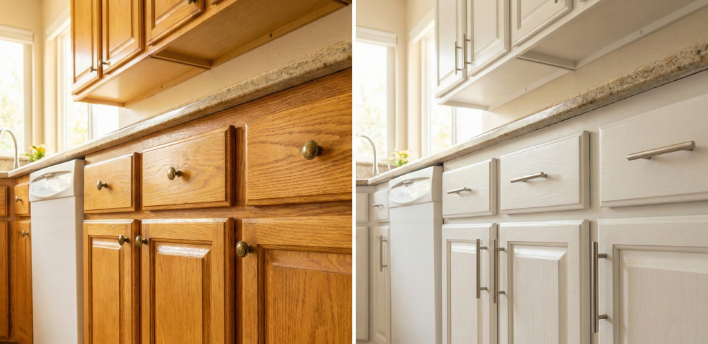 Before and after cabinet painting Salt Lake City showing 1990s oak transformed to modern white