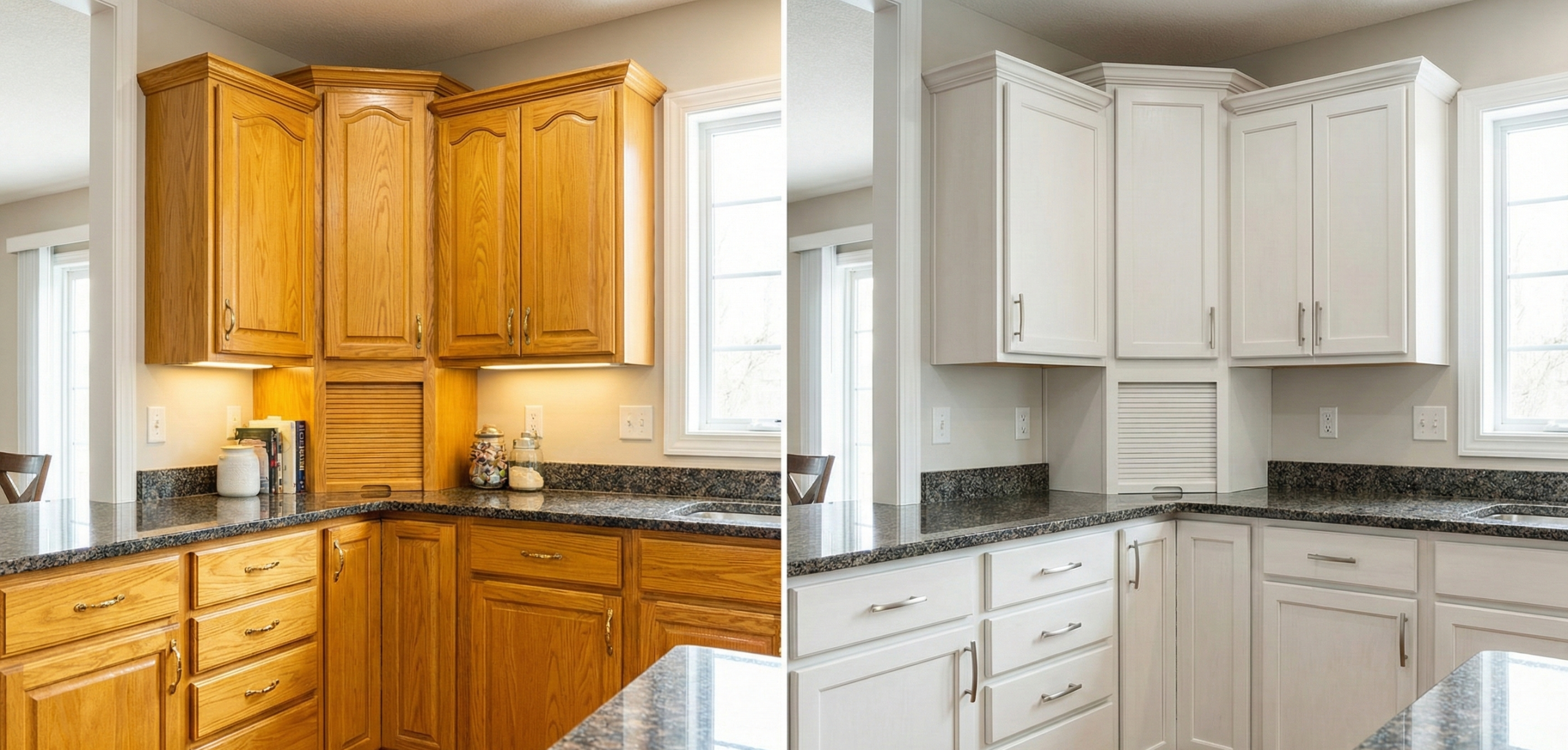 Before and after cabinet painting Salt Lake City showing oak cabinets transformed to modern white