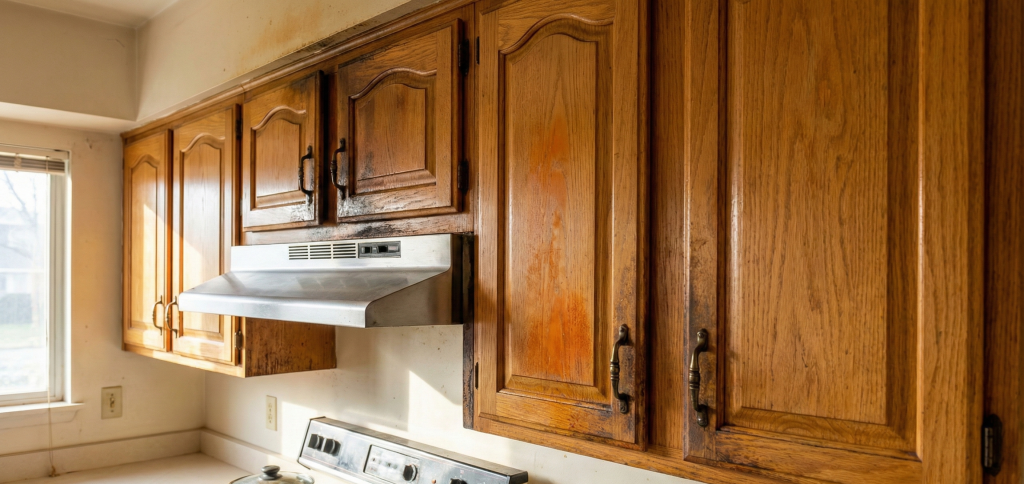 how to make old wood cabinets look new with worn golden oak cabinets in a Utah kitchen before refinishing