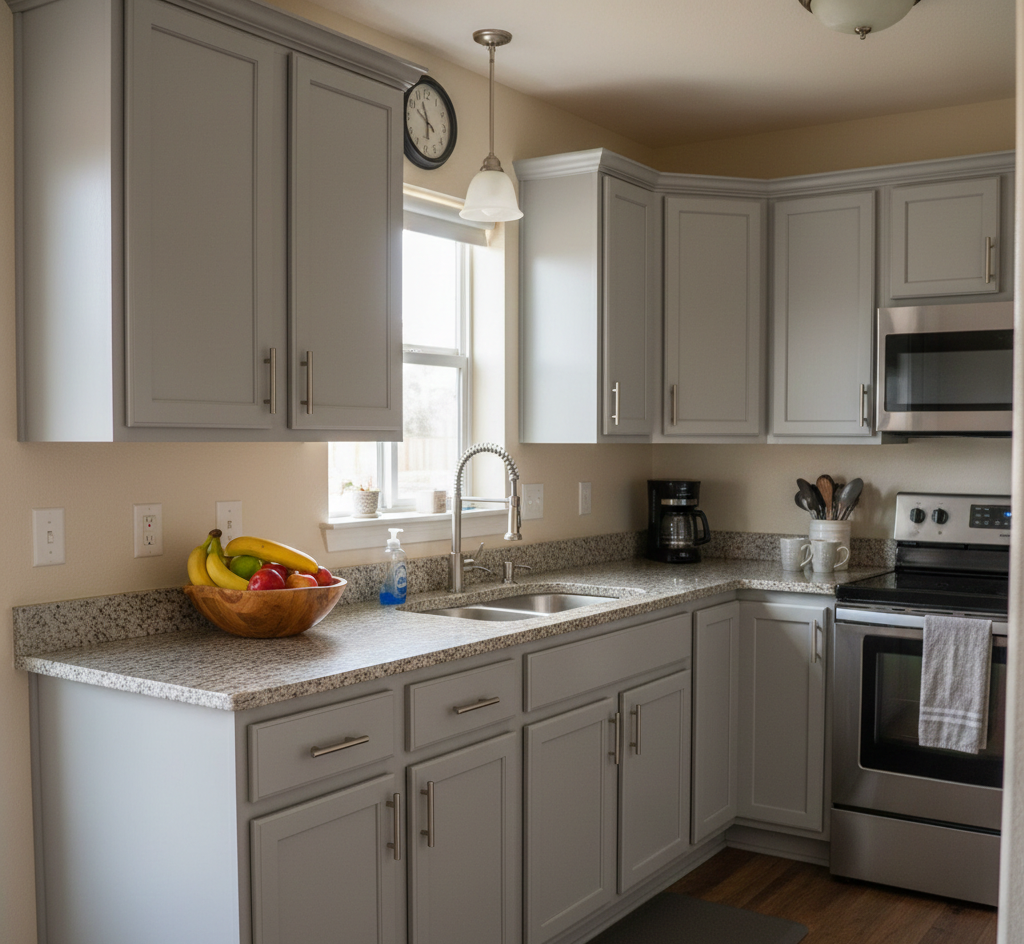 Completed kitchen cabinet painting Utah project showing transformed painted cabinets in real Utah home with professional finish