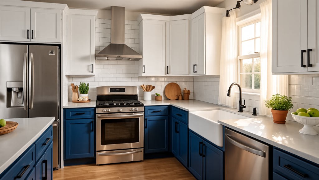 Finished Utah kitchen with freshly painted navy blue lower cabinets and white uppers, featuring a smooth satin factory finish, quartz countertops, and matte black hardware buy Utah's kitchen cabinet painting experts: Allen Brothers Cabinet Painters