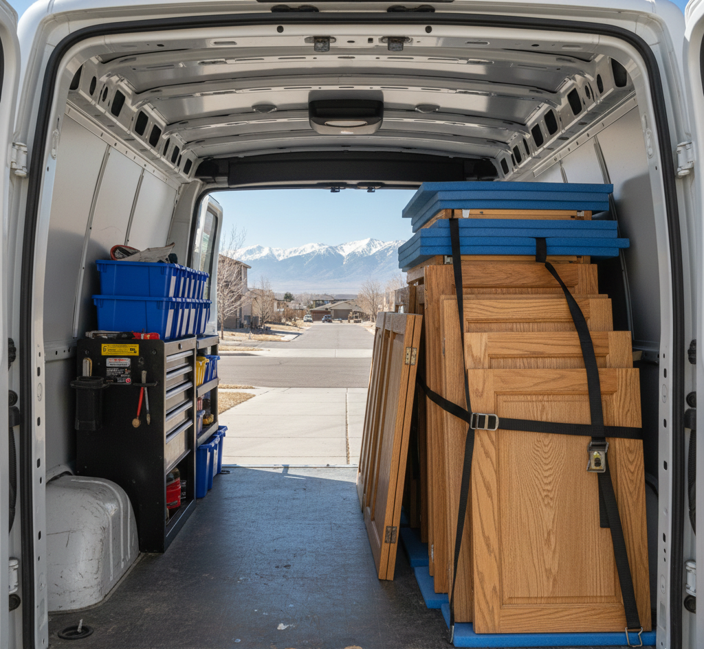 Kitchen Cabinet Painting: 5-Steps to a new kitchen 1 Allen Brothers cabinet doors loaded in van for professional kitchen cabinet painting Utah shop refinishing process