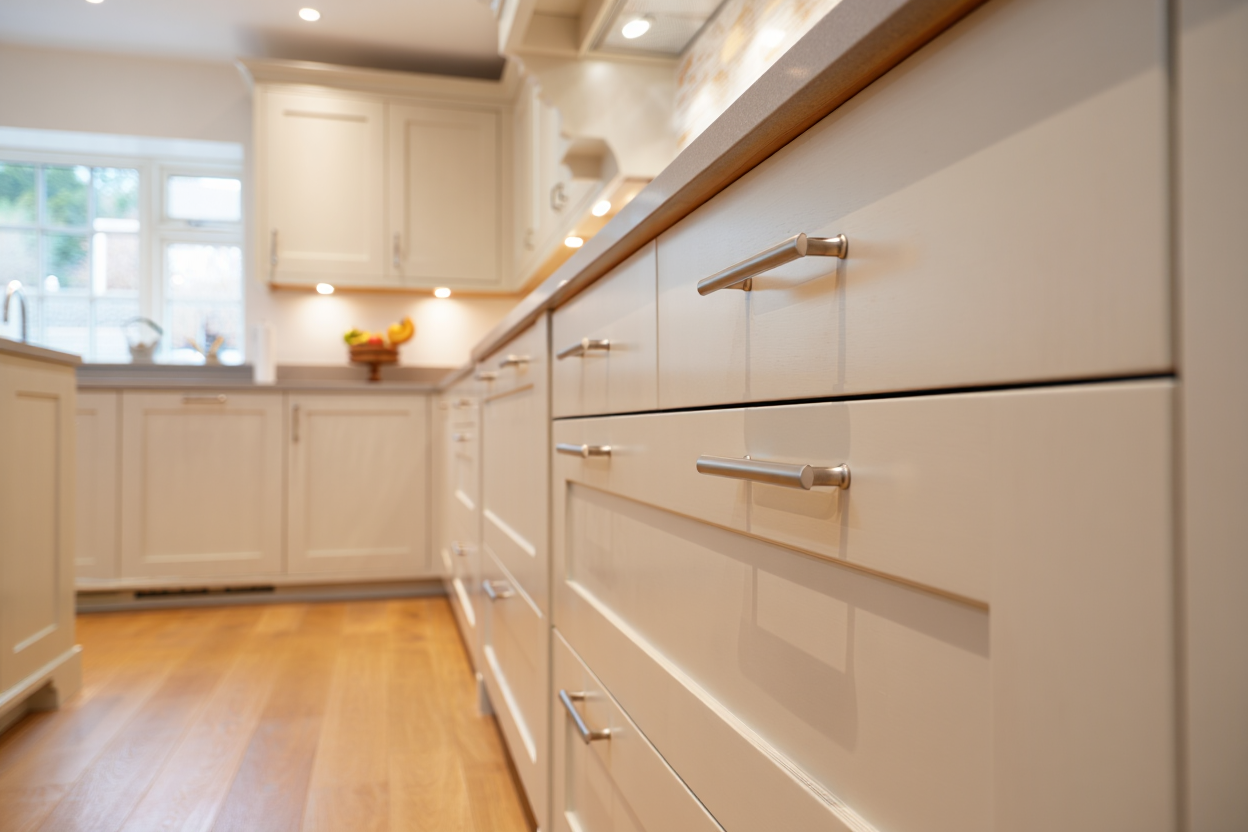Freshly painted smooth white kitchen cabinets by Allen Brothers Cabinet Painting Utah