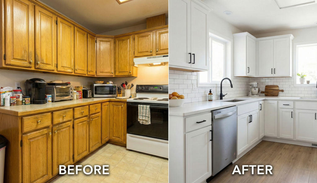 Before and after kitchen cabinet painting transformation showing dated oak cabinets refinished to a bright white factory-smooth finish in a Utah home