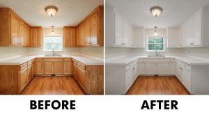 Before and after kitchen cabinet painting transformation showing dated oak cabinets refinished to a bright white factory-smooth finish in a Utah home