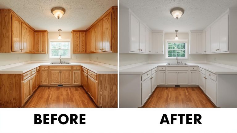 Before and after kitchen cabinet painting transformation showing dated oak cabinets refinished to a bright white factory-smooth finish in a Utah home