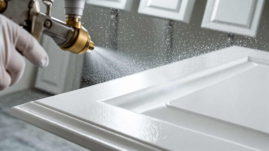  Professional painter spraying kitchen cabinet doors with an industrial spray gun in a workshop, showing the factory-smooth finish process used by Utah cabinet refinishing specialists