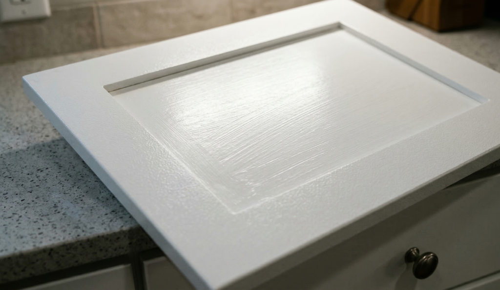 Kitchen cabinet door with visible brush strokes and roller texture under direct light