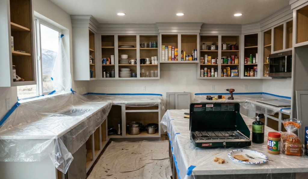 Residential kitchen stripped of cabinet doors with plastic sheeting on counters during a painting project