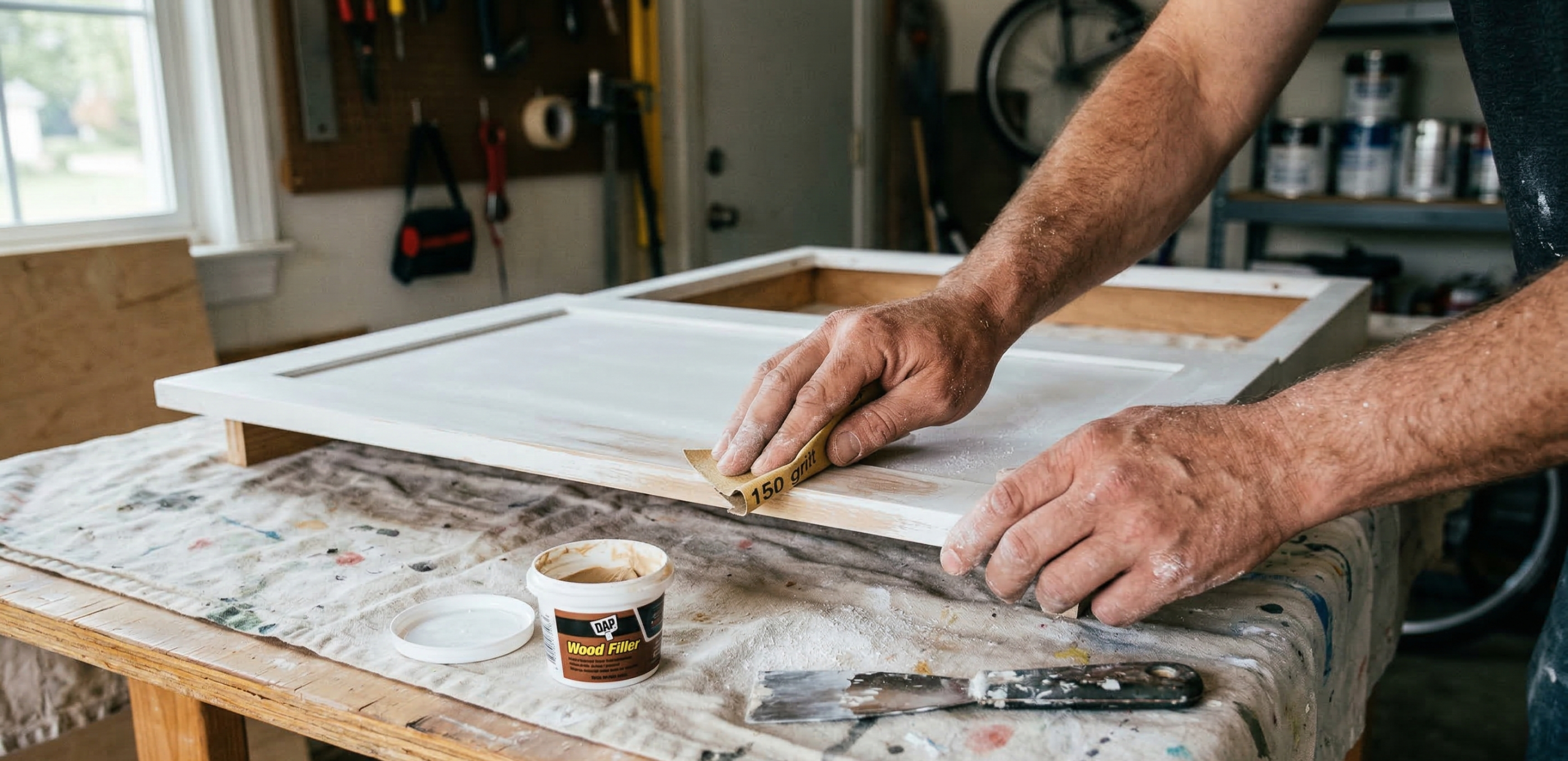 Close-up of cabinet door being sanded by hand before painting, with sanding dust visible on surface