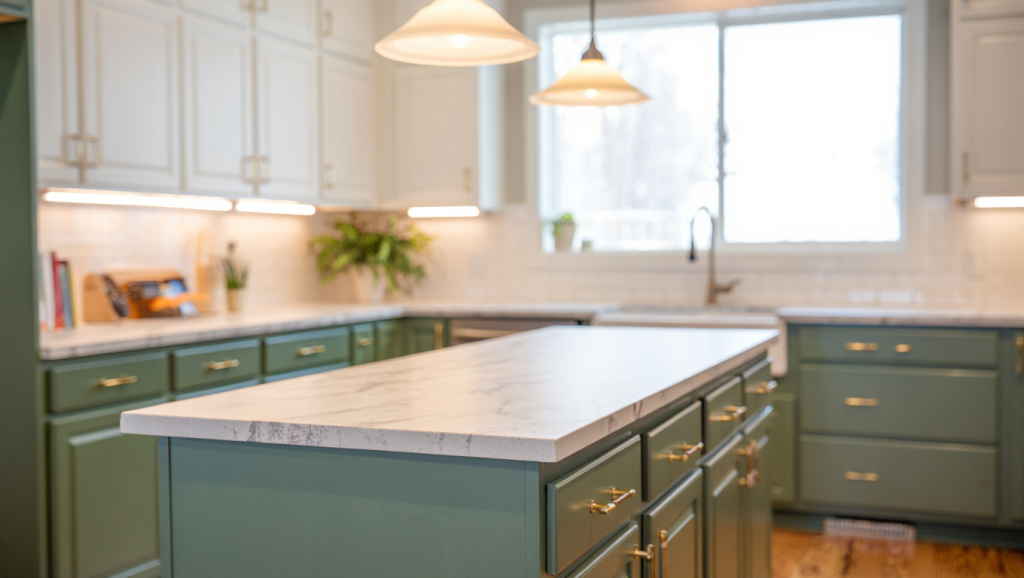  A beautifully finished Utah kitchen remodel with professionally painted navy and white cabinets, representing the premium results Allen Brothers Painting Cabinet Painting for Contractors & Builders in Utah