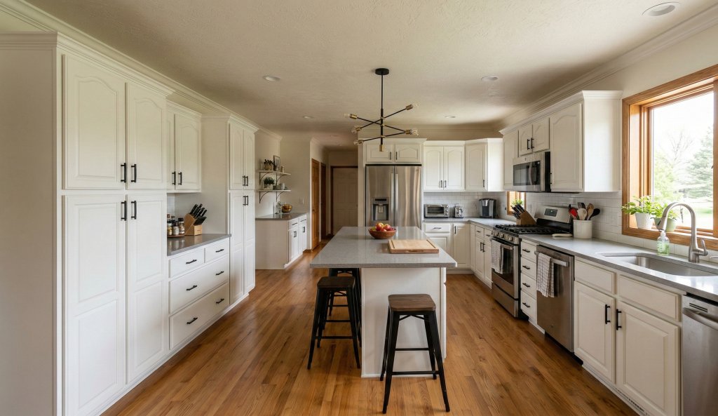 Wide-angle view of a Utah kitchen with professionally painted white raised-panel cabinets, warm hardwood floors, and a center island, completed by Allen Brothers Cabinet Painting. Cabinet Painting for Contractors and Cabinet Shops