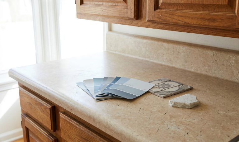 Homeowner comparing kitchen cabinet painting swatch to quartz countertop sample in a mid-renovation kitchen