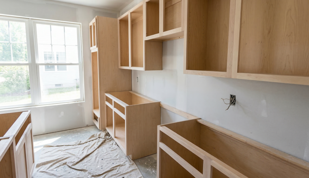 Exposed cabinet boxes sanded and prepped for painting before backsplash and countertops are installed