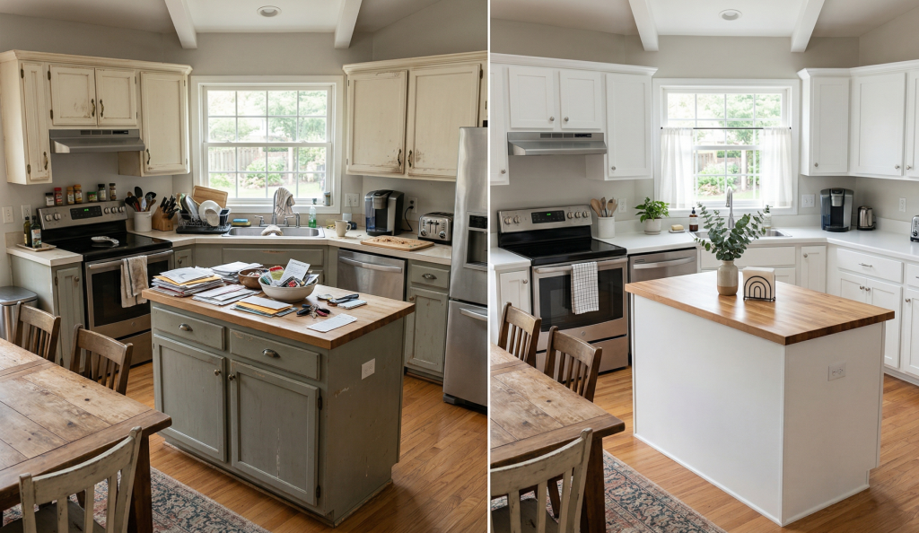 Before and after kitchen cabinet refinishing in Utah — same kitchen transformed without replacement
