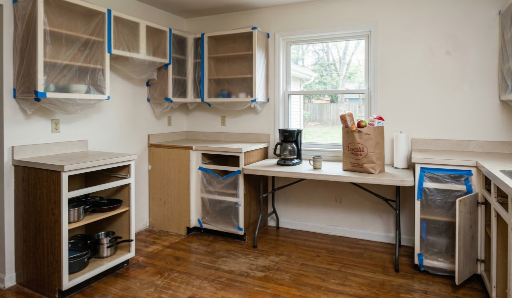 Kitchen with cabinet doors removed and masked for painting, temporary setup of dining area