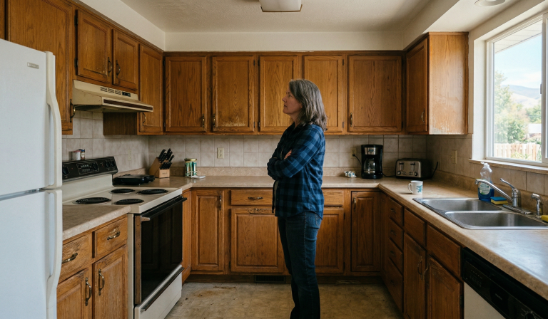 Utah homeowner evaluating kitchen cabinet replacement cost in their dated kitchen