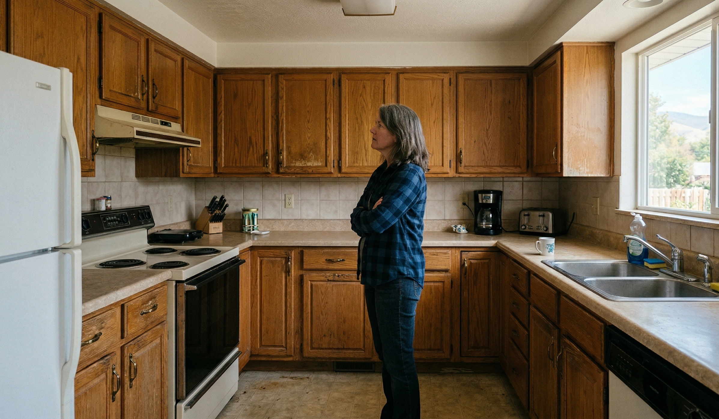 Utah homeowner evaluating kitchen cabinet replacement cost in their dated kitchen