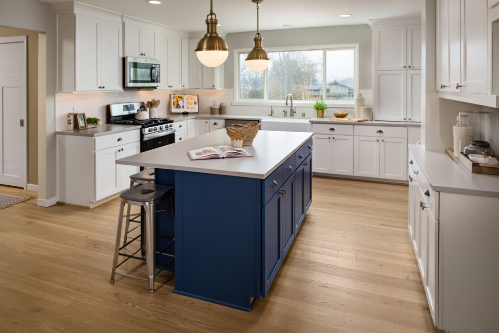 Two-tone kitchen cabinet color combination with white perimeter cabinets and a contrasting navy blue kitchen island
