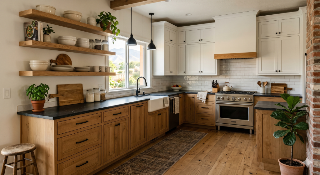Two-tone kitchen cabinets with white painted upper cabinets and natural oak wood lower cabinets in a Utah kitchen