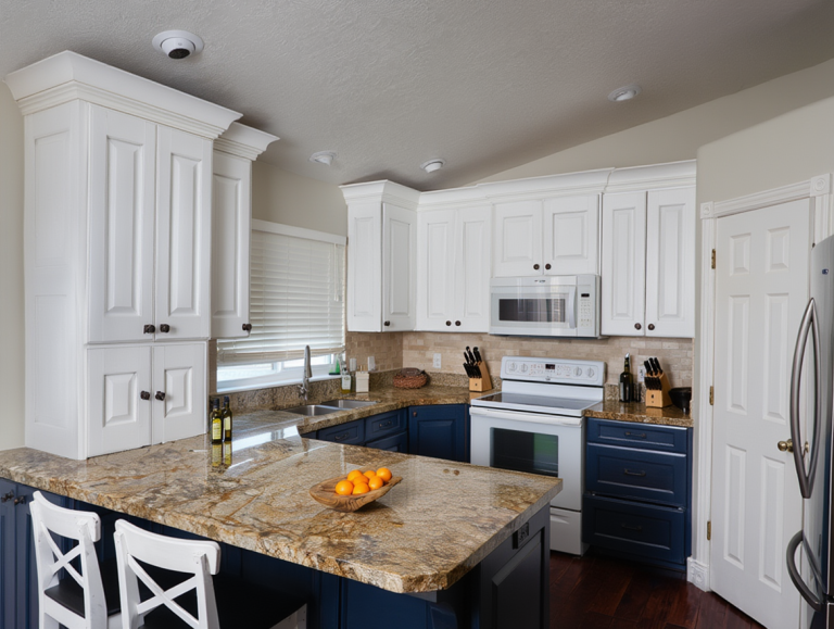 Two-tone kitchen cabinets with white upper cabinets and Hale Navy lower cabinets in a traditional Utah kitchen with raised panel doors and granite countertops