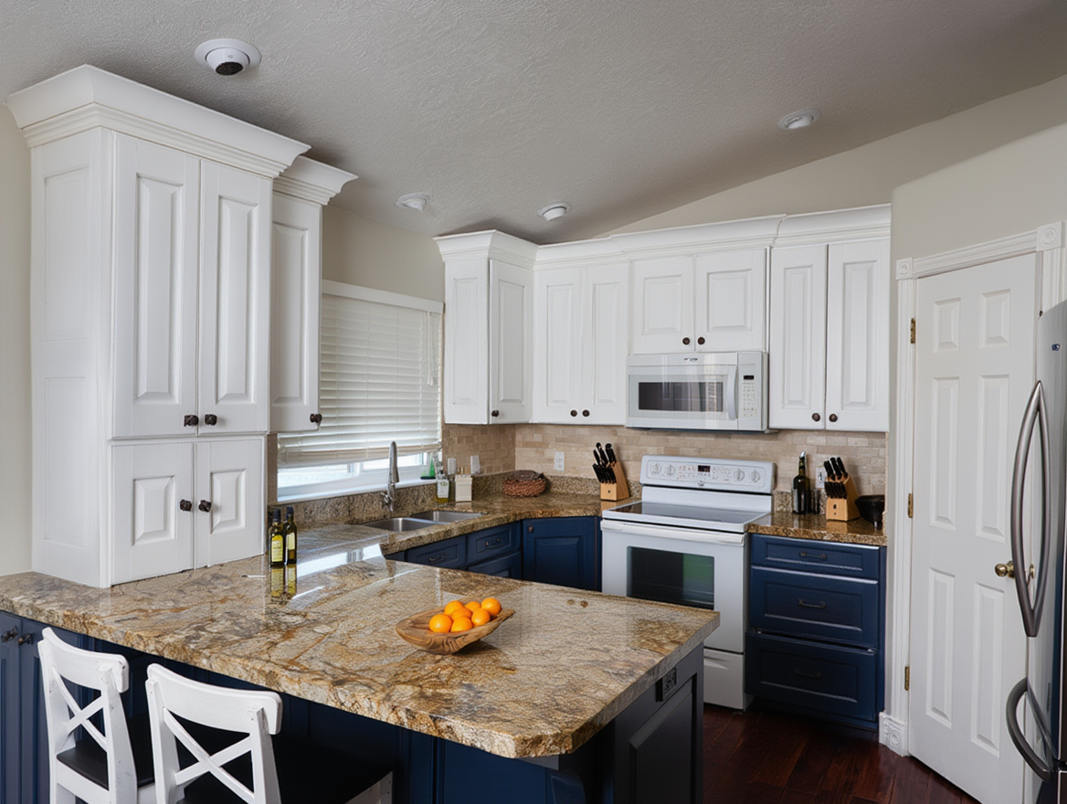 Two-tone kitchen cabinets with white upper cabinets and Hale Navy lower cabinets in a traditional Utah kitchen with raised panel doors and granite countertops