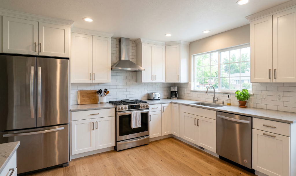 Professionally painted white kitchen cabinets in a Utah home, smooth satin finish, brushed nickel hardware. Questions to ask a cabinet painter when hiring for you home