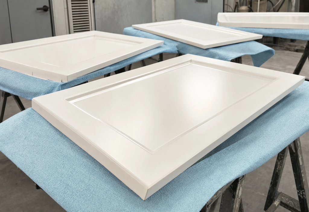 Kitchen cabinet doors being professionally finished off-site in a clean spray shop