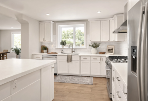 Freshly painted white kitchen cabinets in a Layton Utah home, smooth satin finish, illustrating cabinet painting cost in Layton