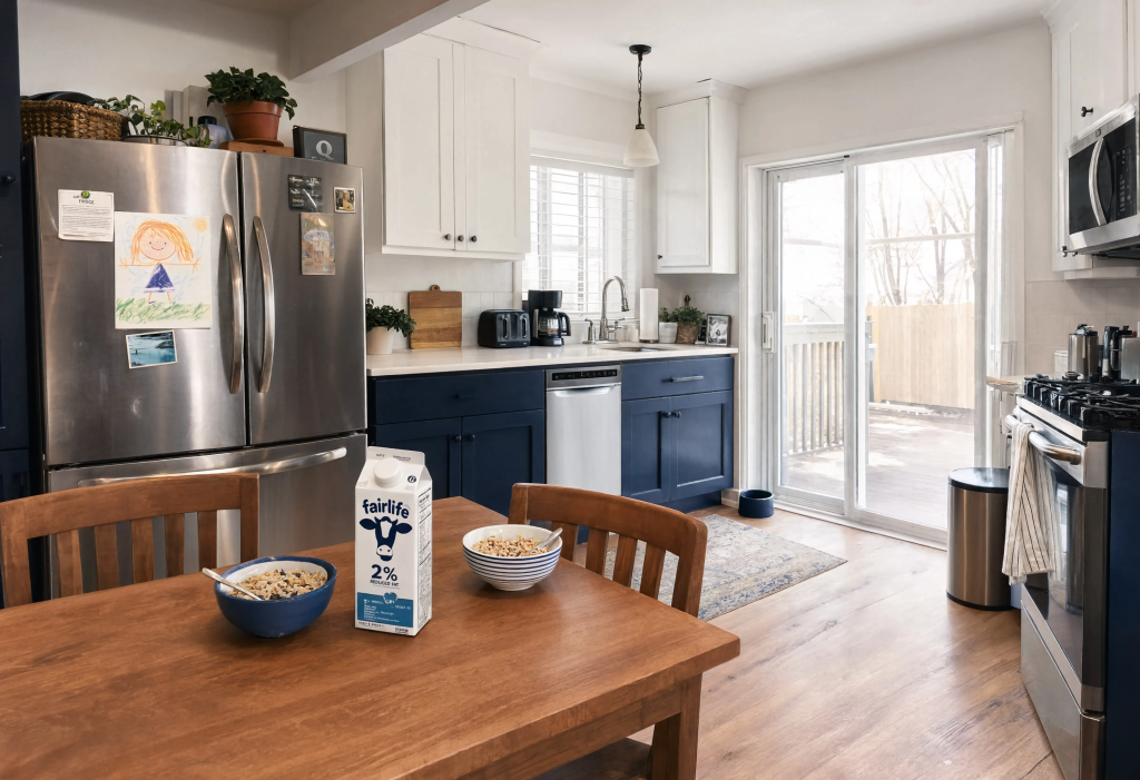 A lived-in Utah family kitchen with freshly painted cabinets in morning light