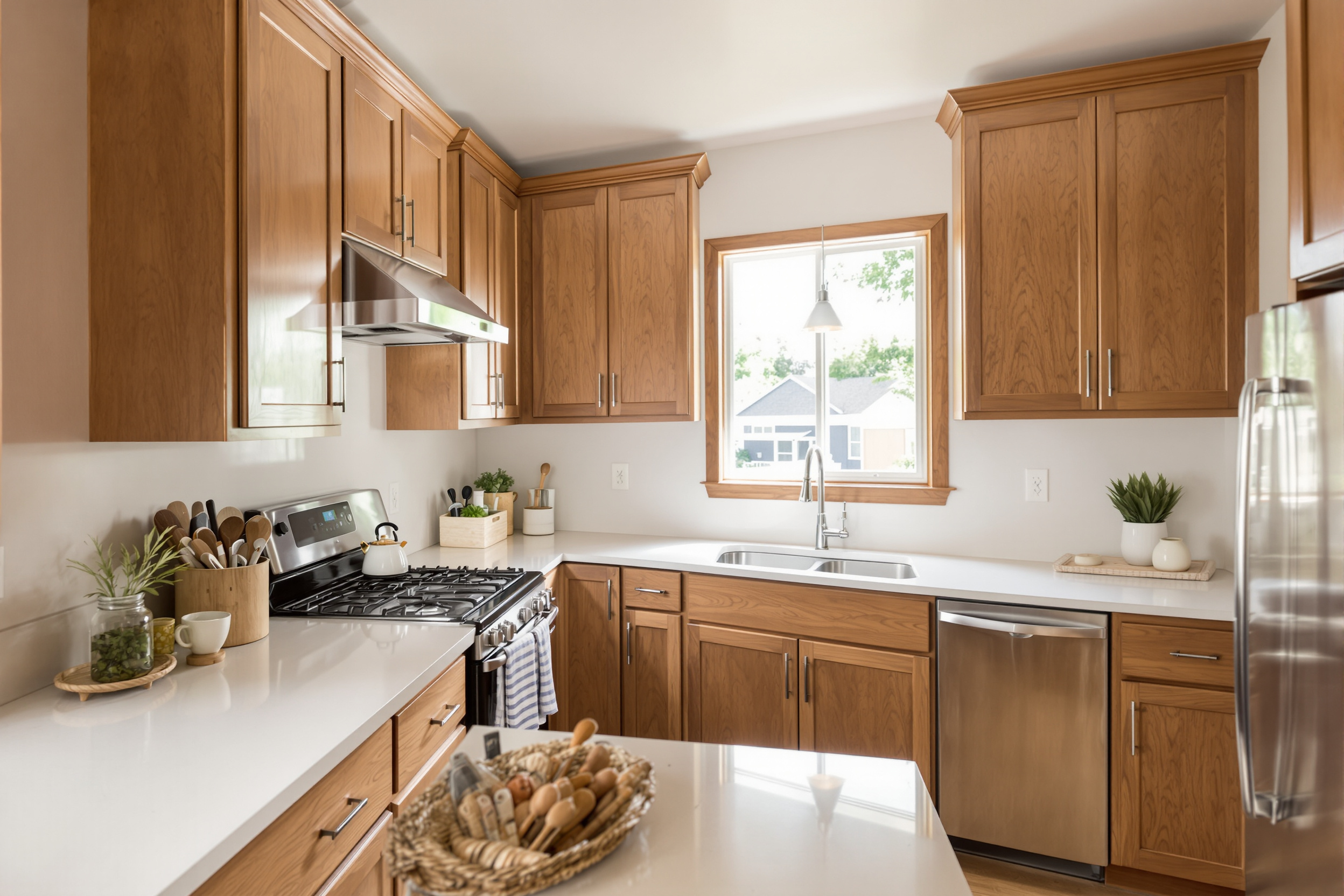 Can kitchen cabinets be restained? Restained solid oak cabinets with a satin finish in a Utah kitchen