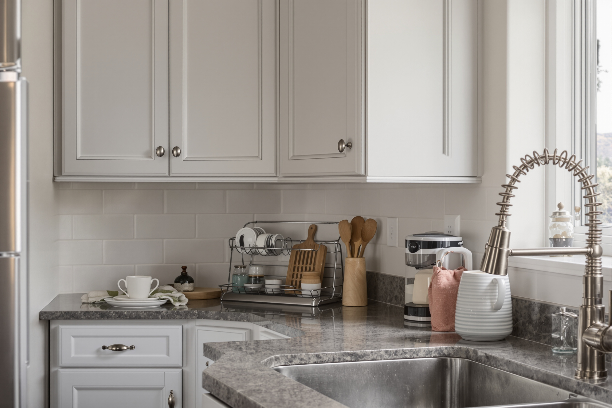 Durable satin cabinet finish near a kitchen sink built to withstand repeated tenant turnover