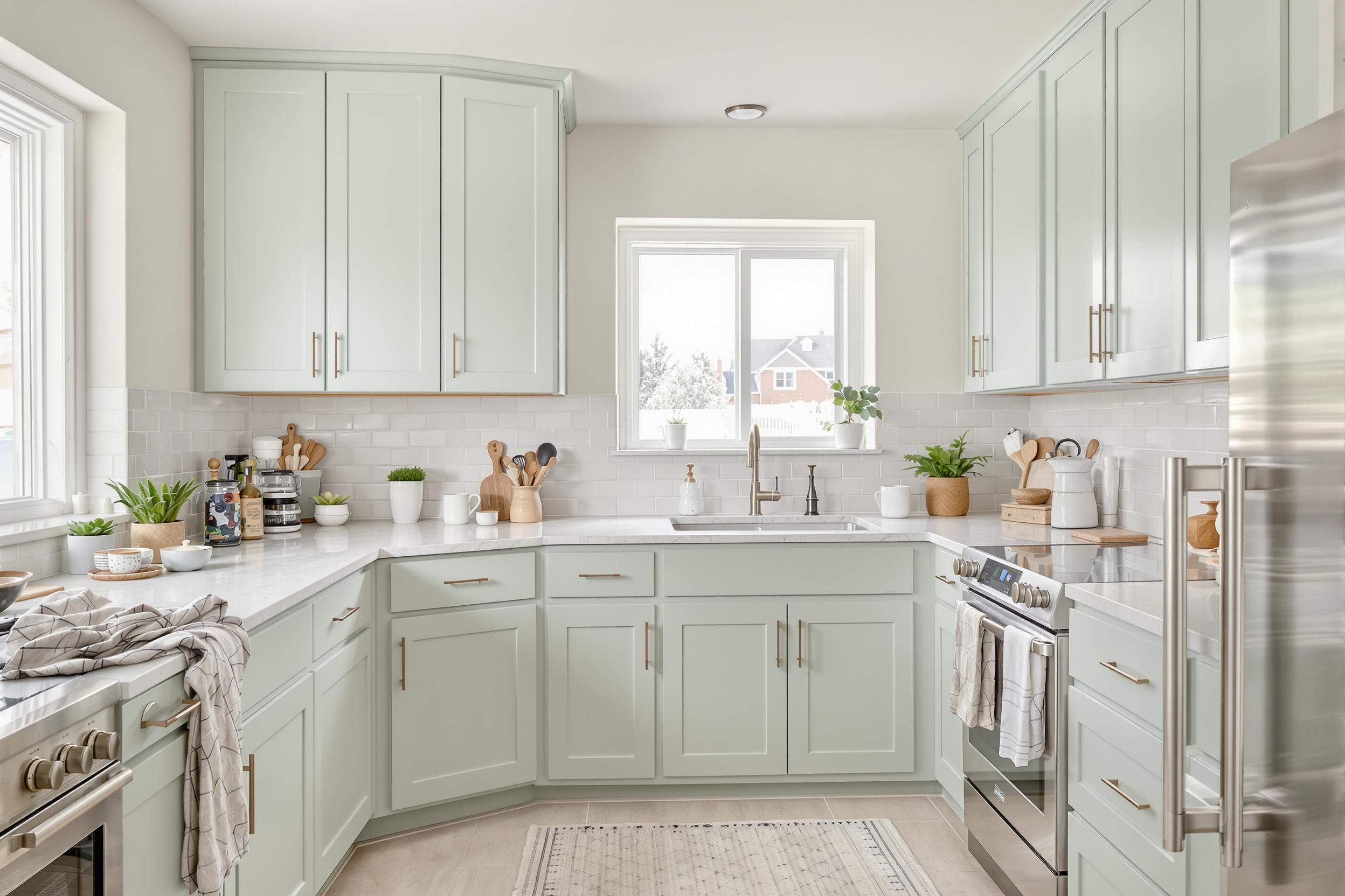 Painted satin-finish kitchen cabinets as an alternative to restaining worn wood cabinets