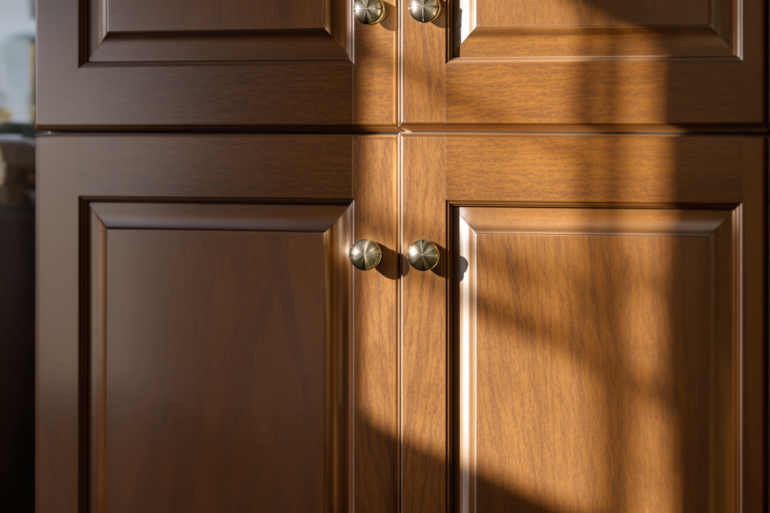 Solid wood cabinet doors with a freshly restained smooth satin finish