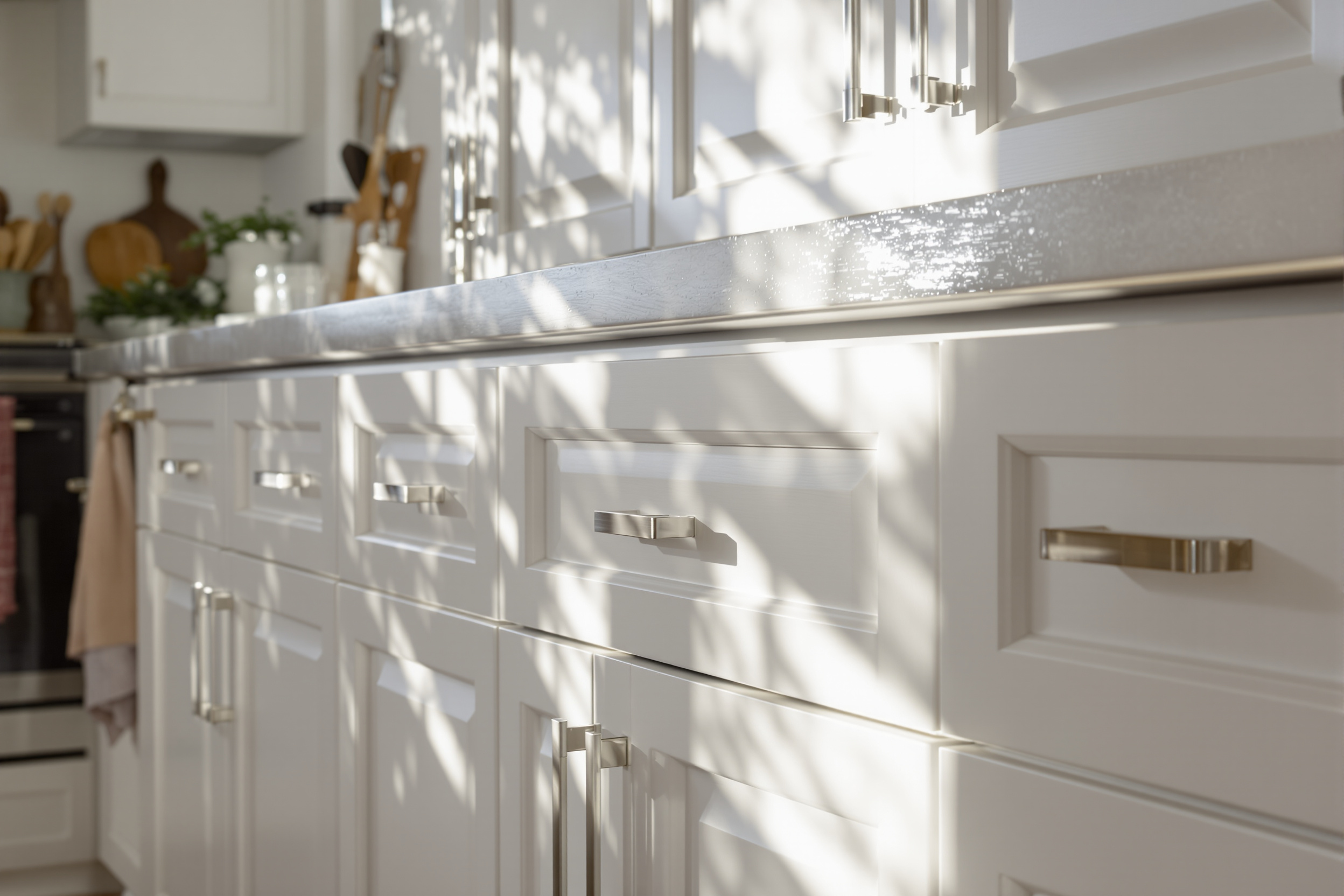 Close-up of satin white shaker cabinet doors and drawers with brushed nickel pulls in a Bluffdale Utah kitchen