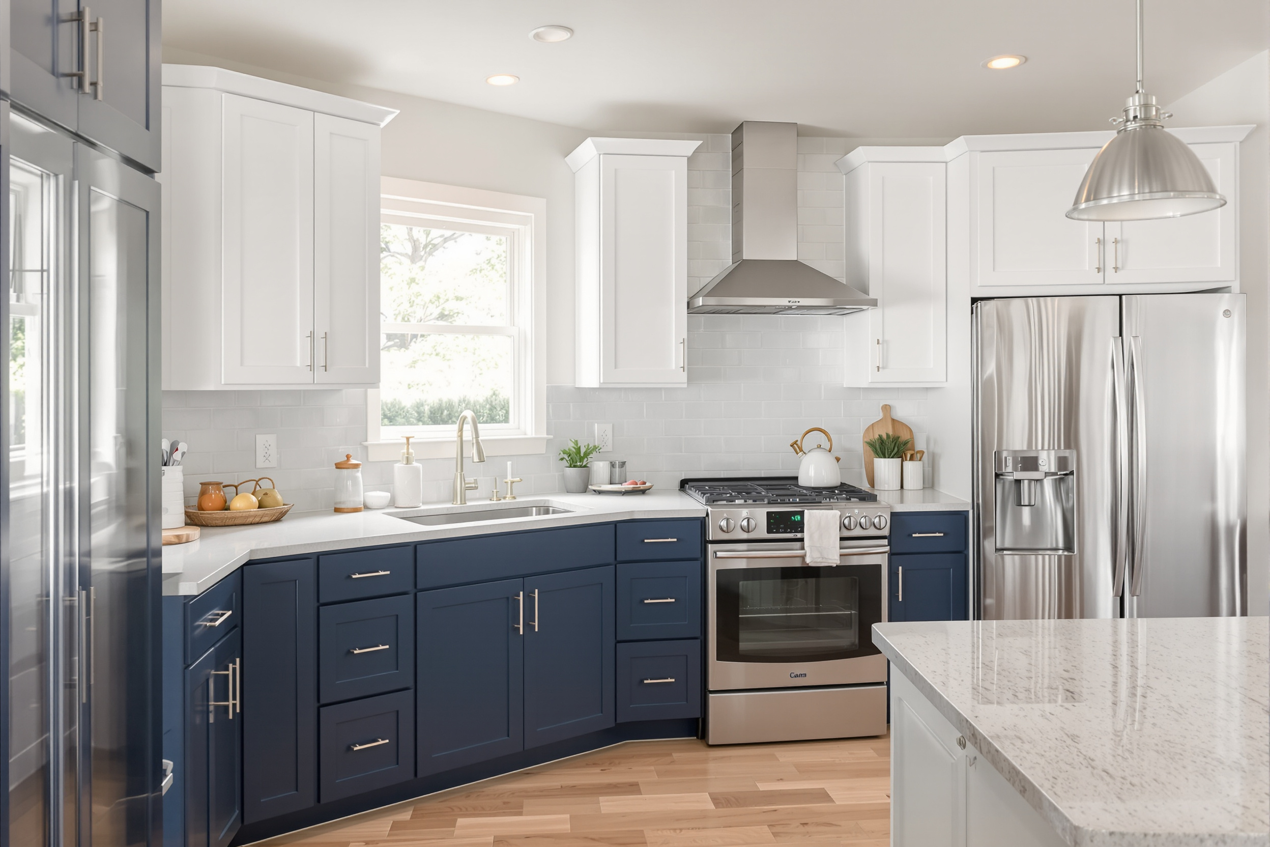 Two-tone satin finish kitchen cabinets, navy lower cabinets and white uppers, in a Utah home