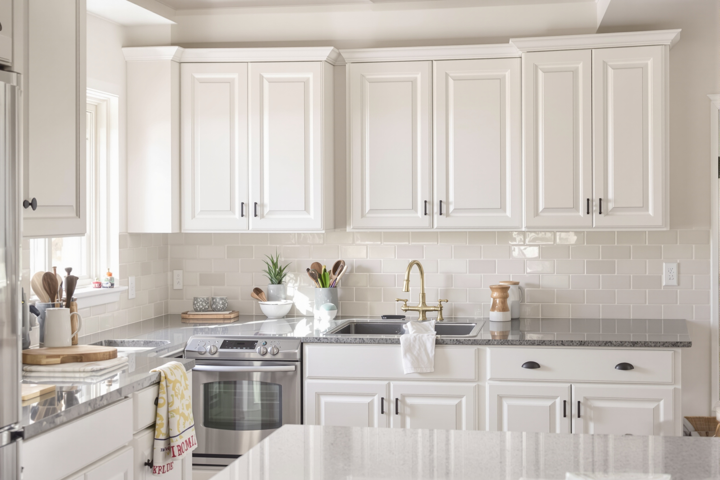 Affordable cabinets in Bluffdale shown as repainted solid wood doors in a warm white satin finish in a suburban Utah kitchen