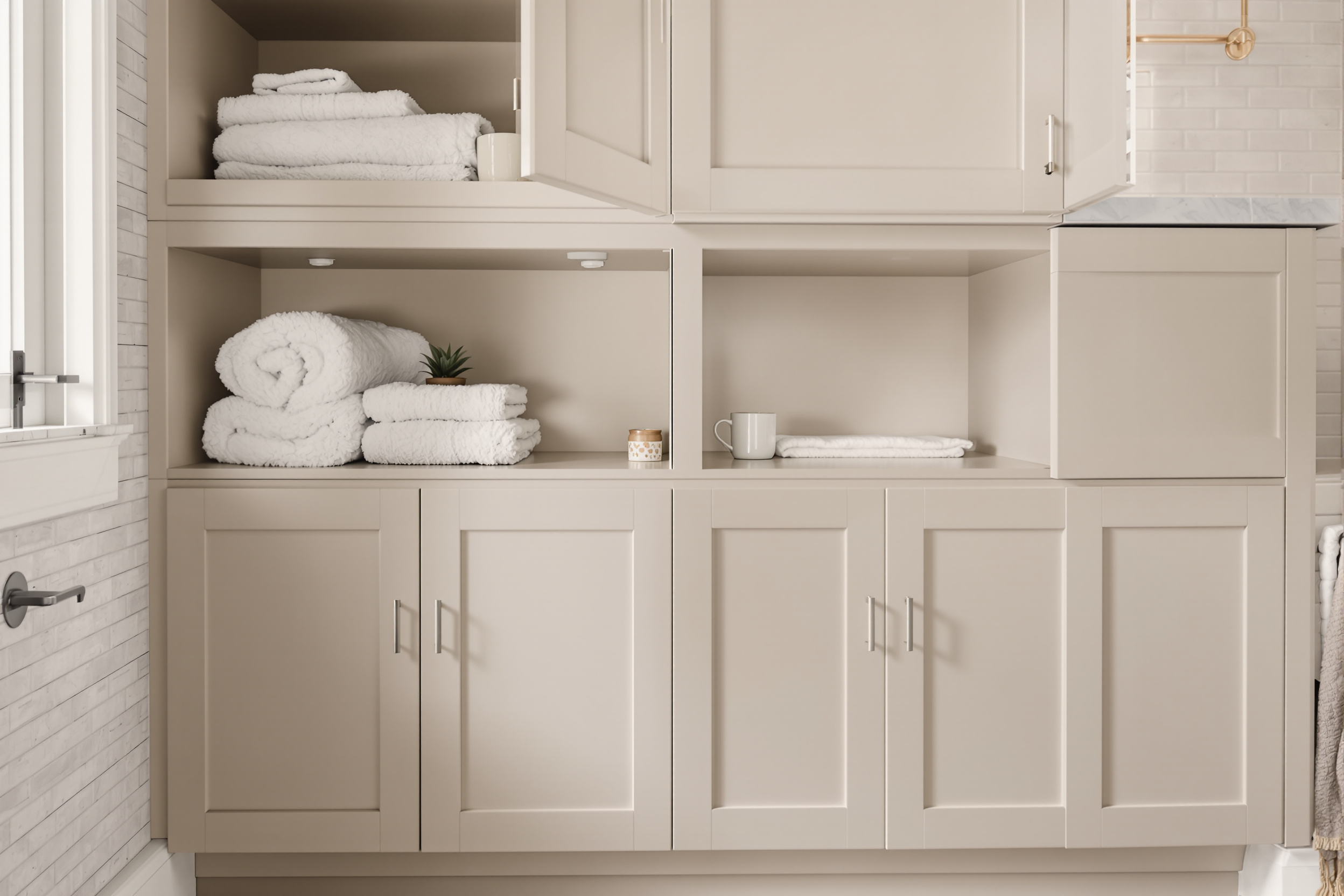 Freshly painted bathroom vanity cabinets in a Utah home, bundled with a matching kitchen cabinet project