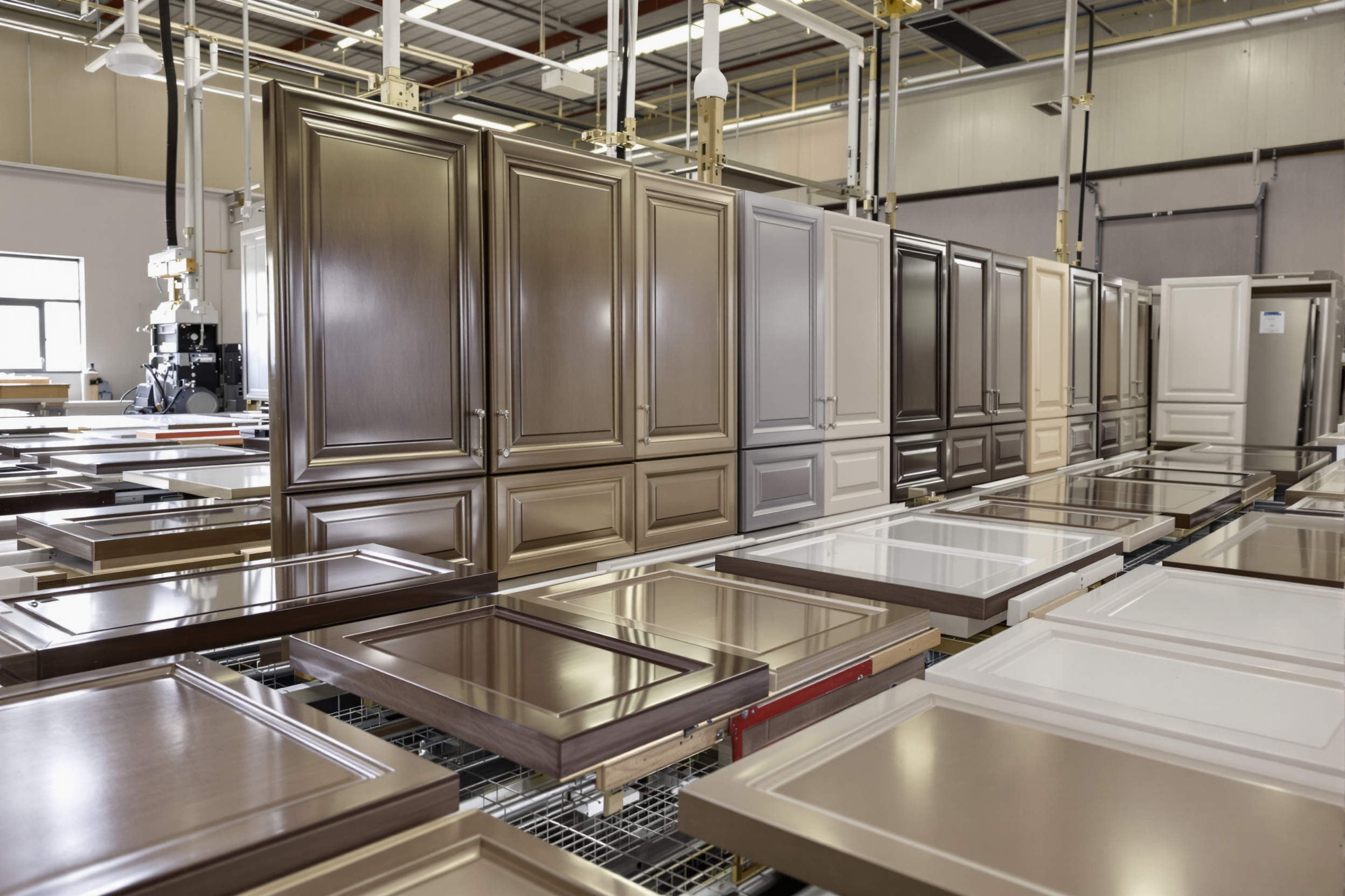 Cabinet doors and drawer fronts receiving satin finish coats on racks in a controlled off-site finishing shop