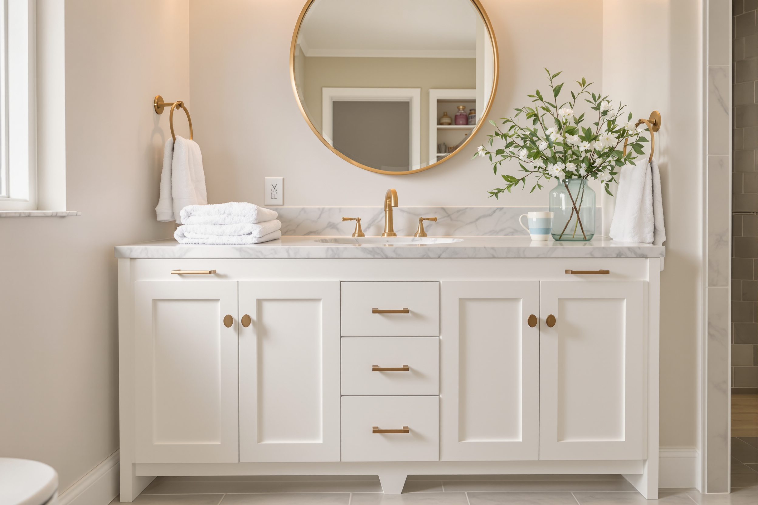 Can you paint bathroom vanity cabinets shown in a bright satin-finished vanity in a real Utah home