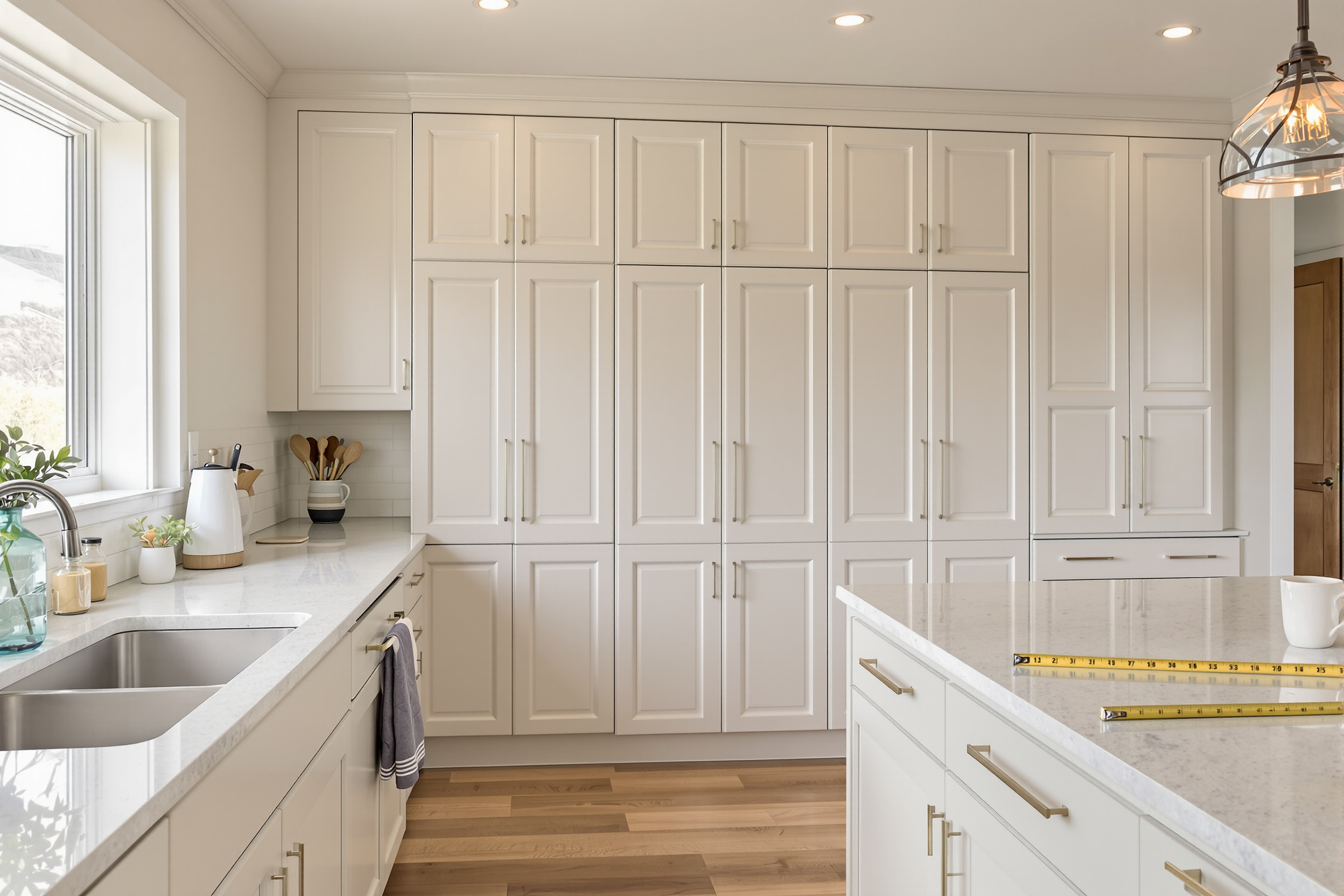 Full run of painted satin cabinet doors and drawer fronts in a Utah kitchen, the piece count that builds a fixed-price bid