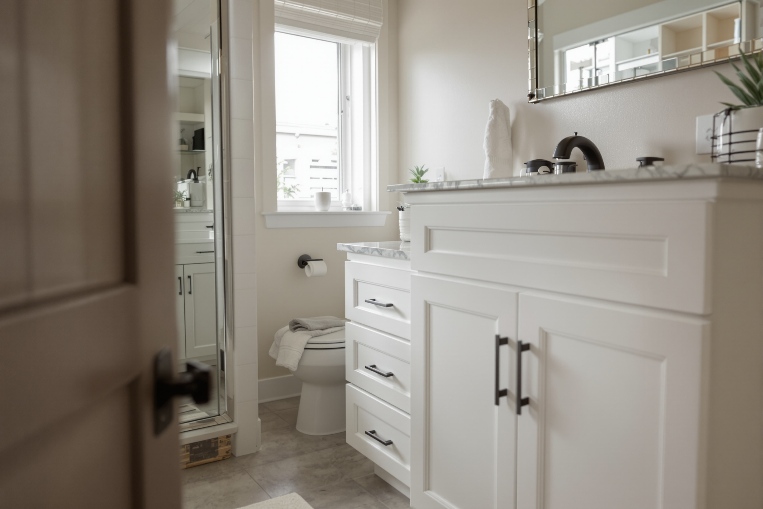Bathroom vanity with former golden oak doors repainted in warm white satin to match a freshly painted kitchen