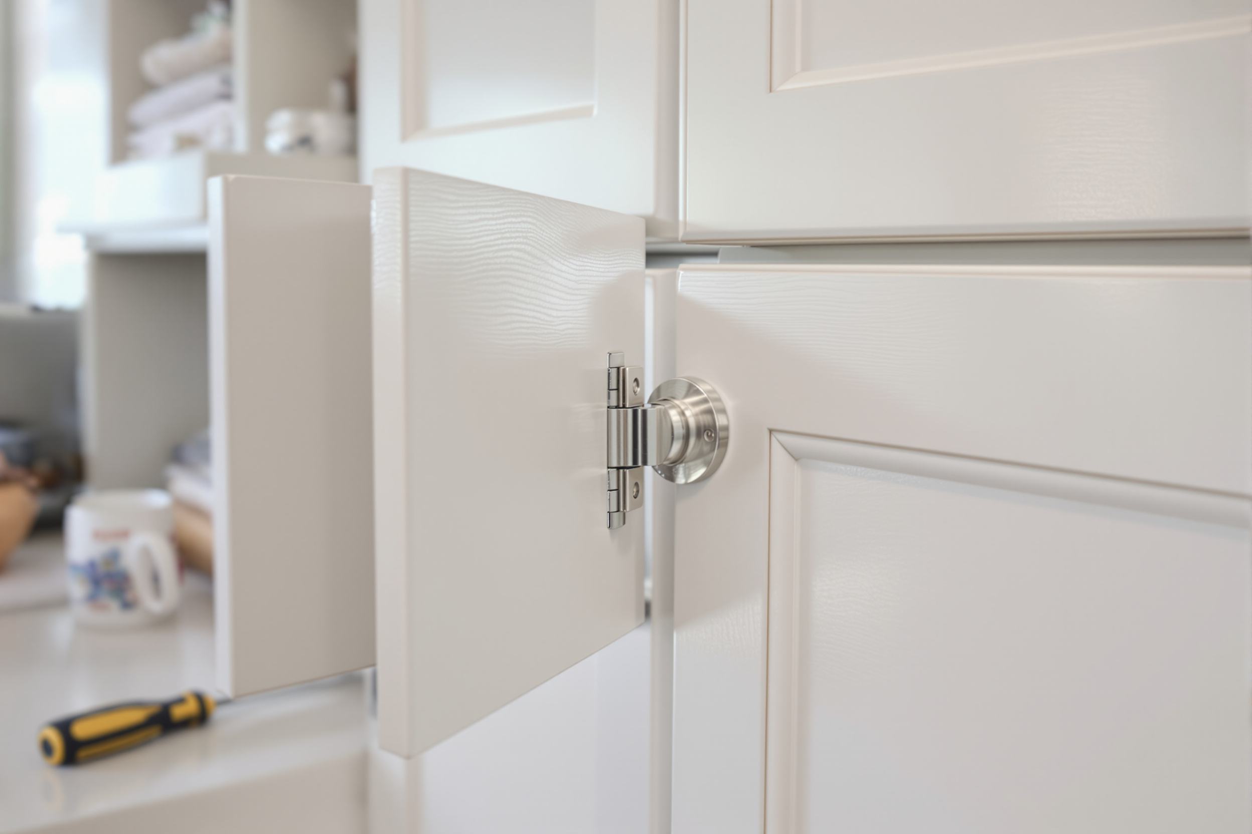 Cabinet Repair vs. Painting: 4 Simple Signs for a Fresh Finish 1 New hinges and brushed nickel hardware installed on satin-finished cabinet doors during a repaint