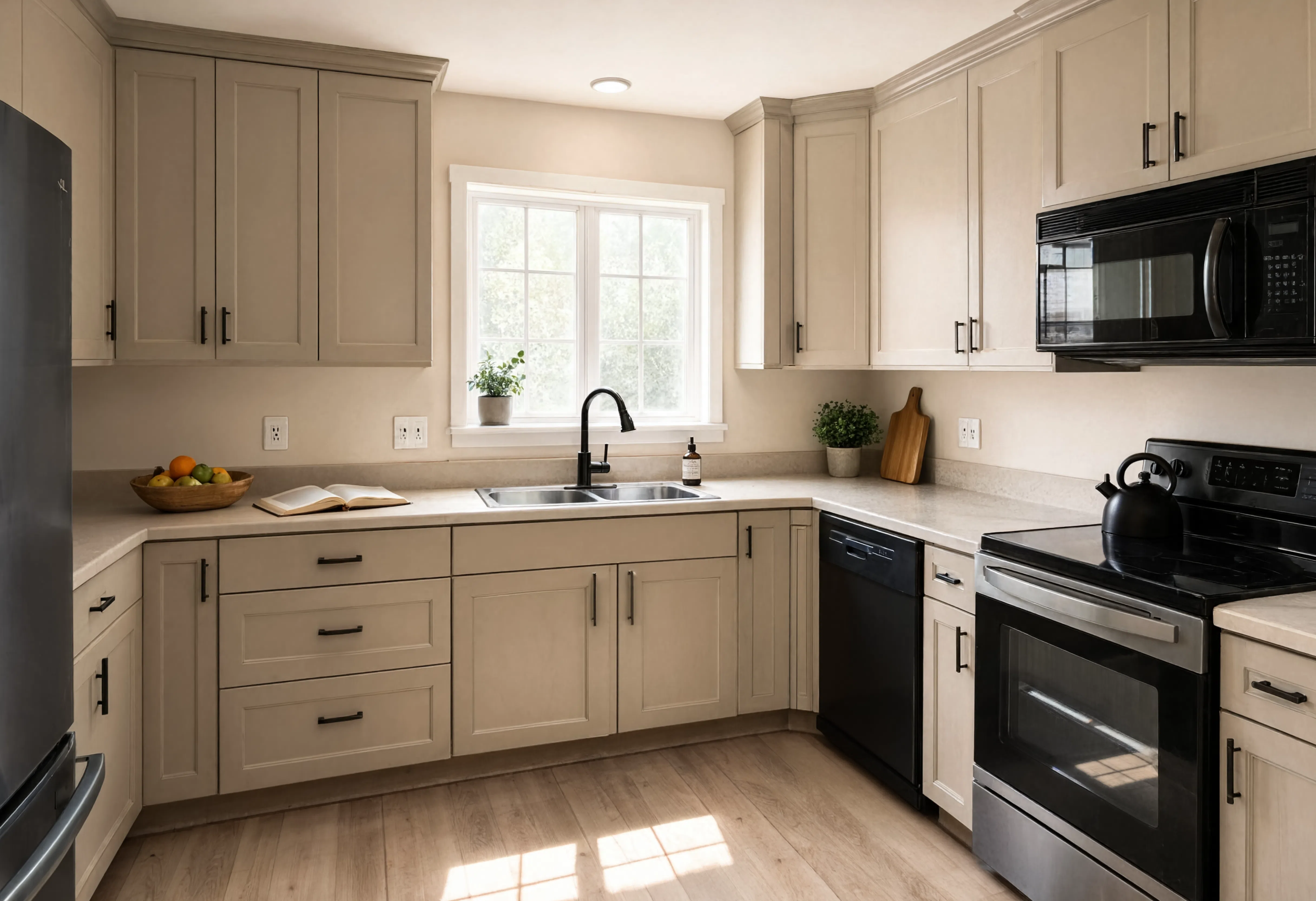 Formerly golden oak kitchen cabinets painted in warm greige satin with matte black hardware in a 1990s Utah kitchen