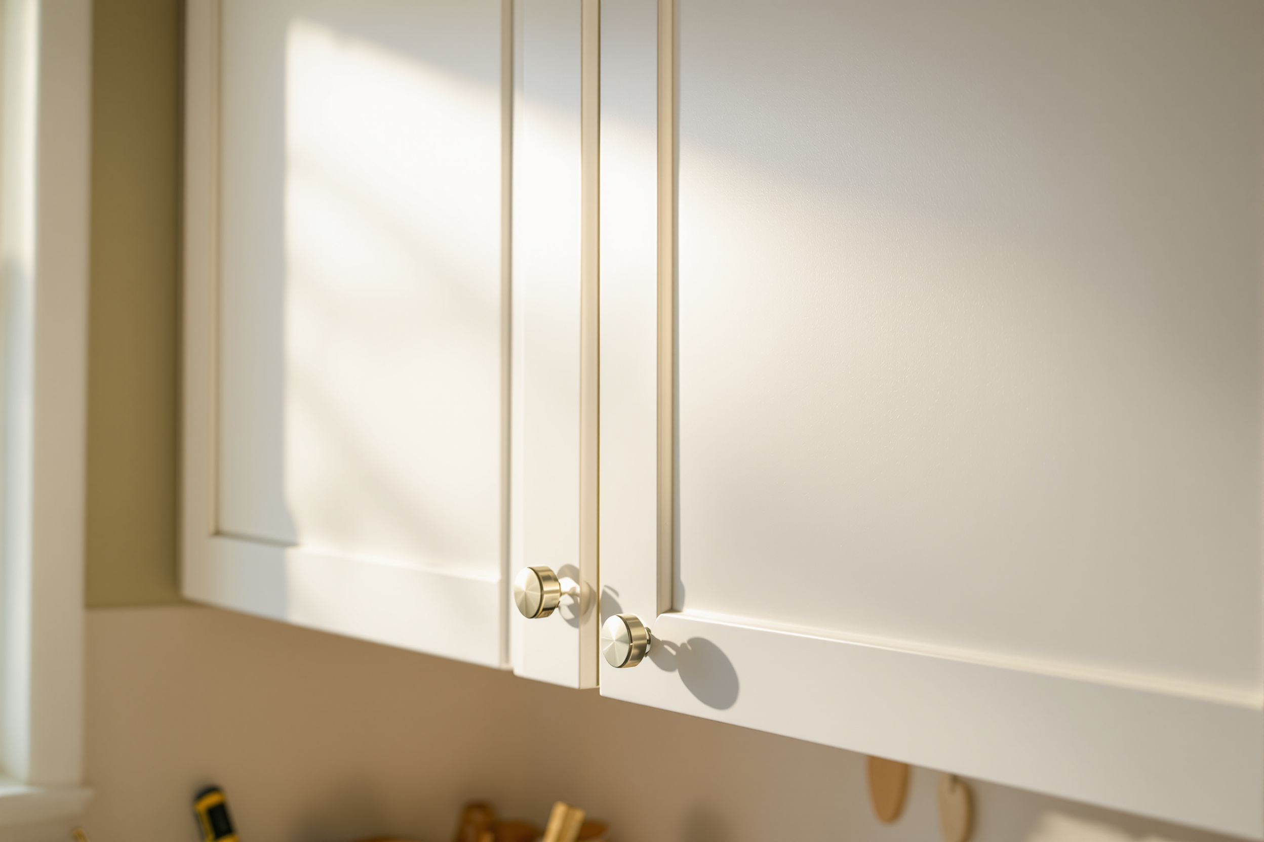 Is Cabinet Painting Messy? 5 Honest, Worry-Free Answers 2 Freshly reinstalled satin cabinet door on the Thursday afternoon a professional cabinet painting week wraps up