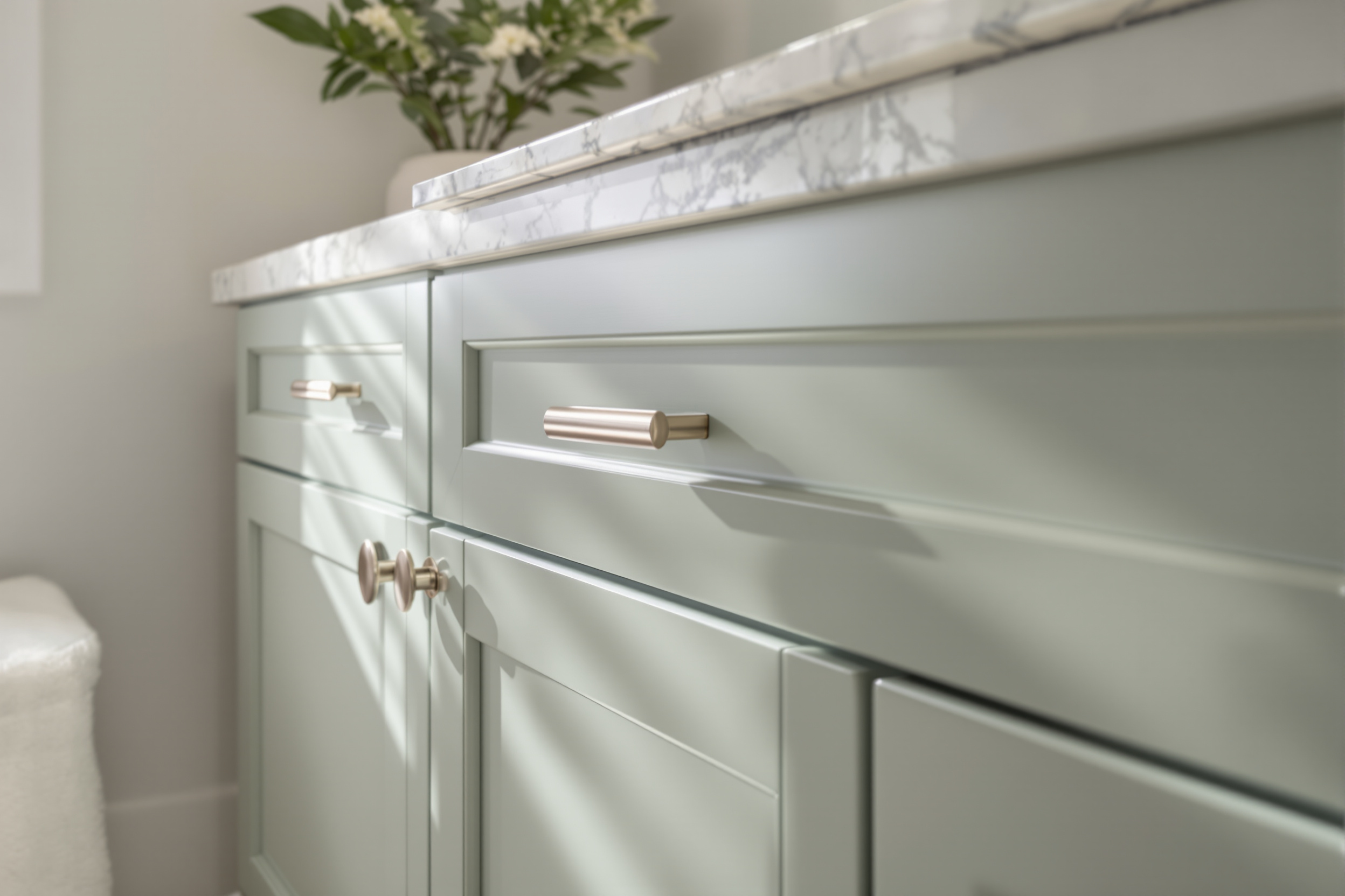 Close-up of a bathroom vanity door finished with the same four-coat satin process used on kitchen cabinets