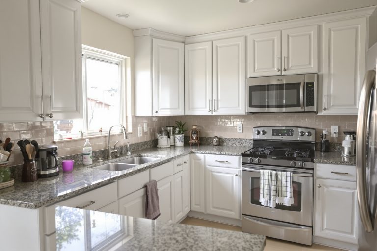 Can you repaint already painted cabinets shown in a Utah kitchen with raised-panel doors refinished in smooth soft white satin