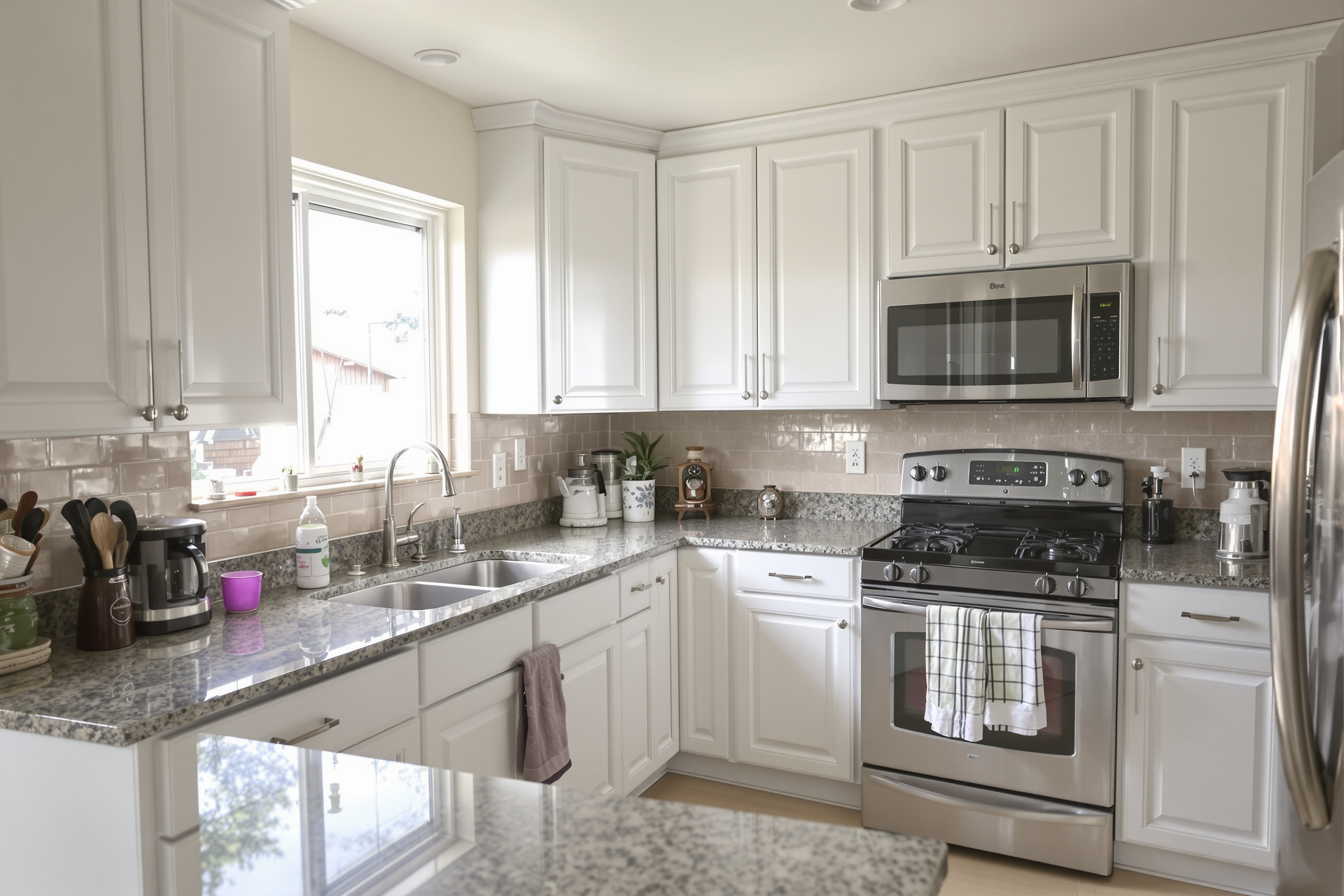Can you repaint already painted cabinets shown in a Utah kitchen with raised-panel doors refinished in smooth soft white satin