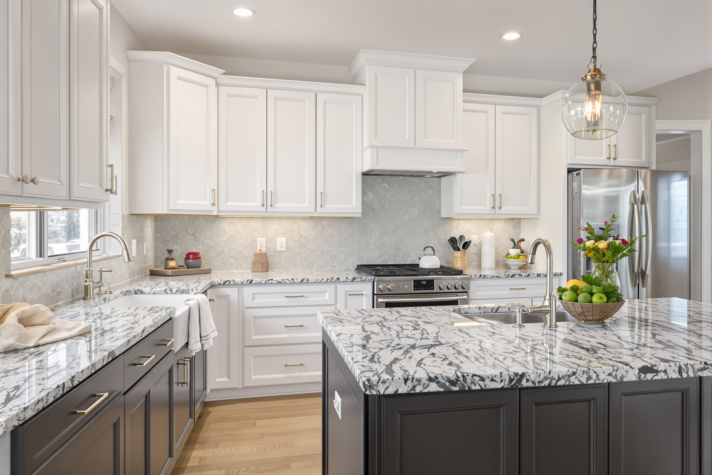 Charcoal painted kitchen island and bright white perimeter cabinets with gray salt-and-pepper granite countertops