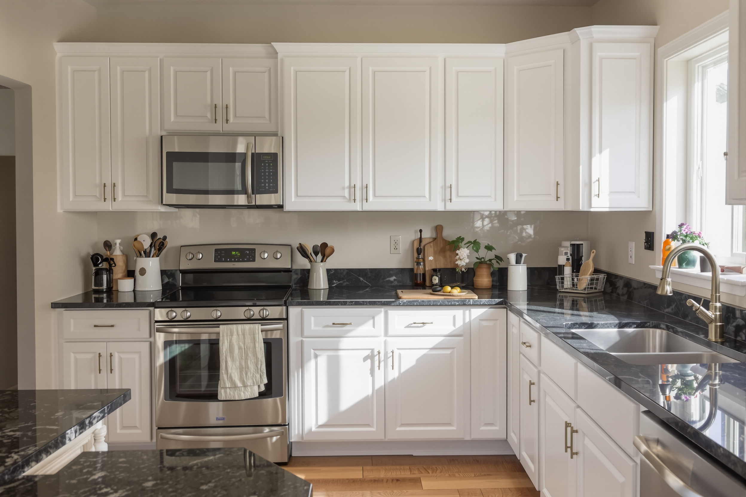 How to lighten dark kitchen cabinets shown in a Utah kitchen where former espresso cabinets are painted soft white satin